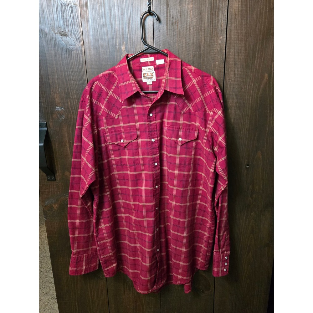 Ely Cattleman Mens XL Tall Red Plaid Western Pearl Snap Shirt‎ Wrinkle Resistant